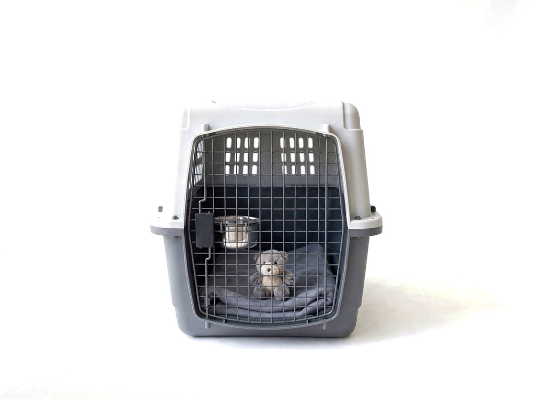 A pet travel crate with a blanket, a water bowl and a small teddy inside, its door closed